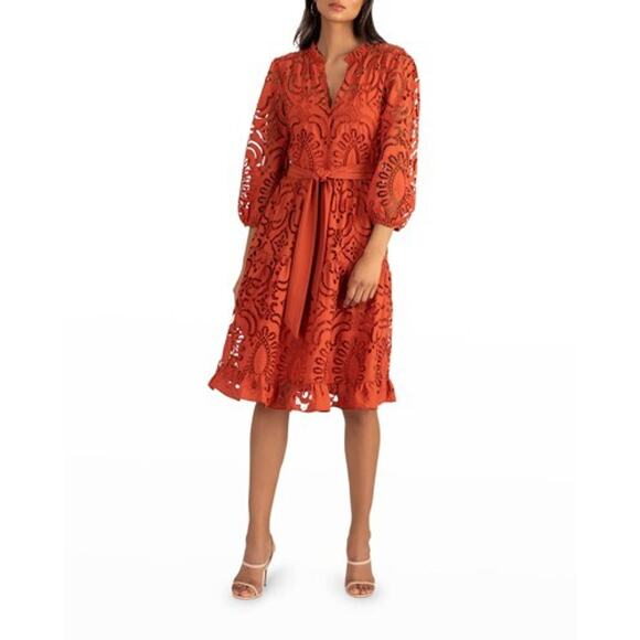 New Shoshanna Pia Tiered Blouson-sleeve Eyelet Dress In Persimmon 6 - Picture 1 of 6